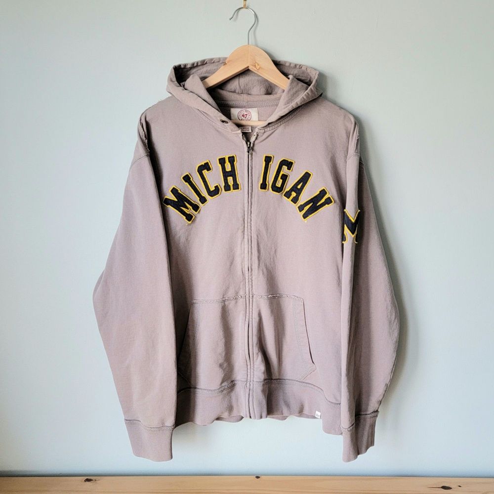 Michigan Wolverines Full-Zip Hoodie Men's L NCAA 47 Brand Distressed Embroidered